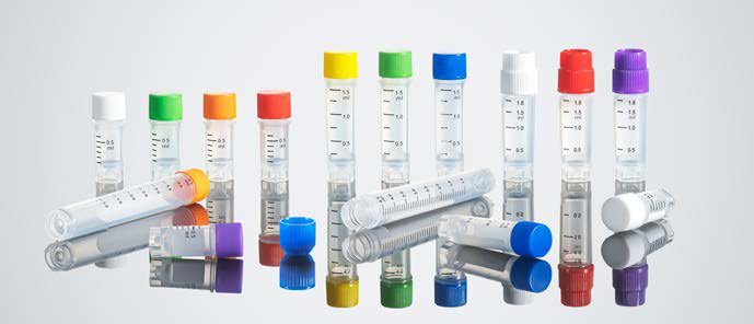 Cryogenic tubes with colored caps and SBS rack (photo)
