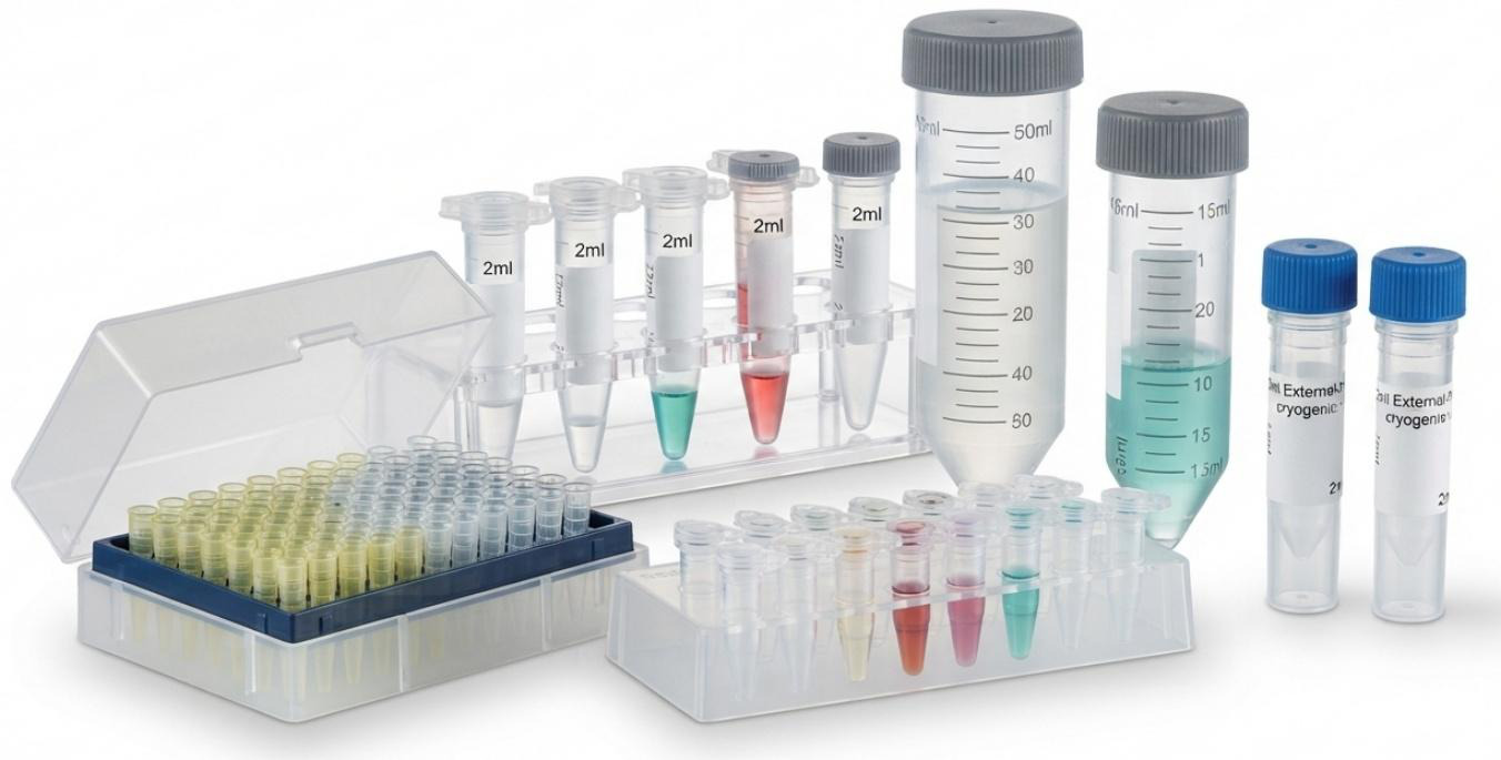 Hero image – laboratory consumables group photo (tubes, tips, plates)
